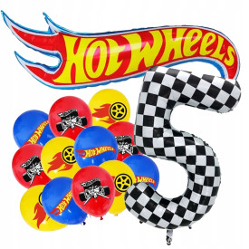 ZESTAW BALONÓW HOT WHEELS - BALONY LATEKSOWE HOT WHEELS 12SZT /  NAPIS HOT WHEELS / BALON CYFRA 5 SZACHOWNICA 100CM